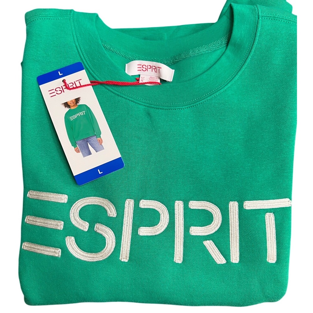 ESPRIT Sweatshirt Women Large Green Crewneck Relaxed Fit Cotton Blend NWT 80s - Picture 2 of 7